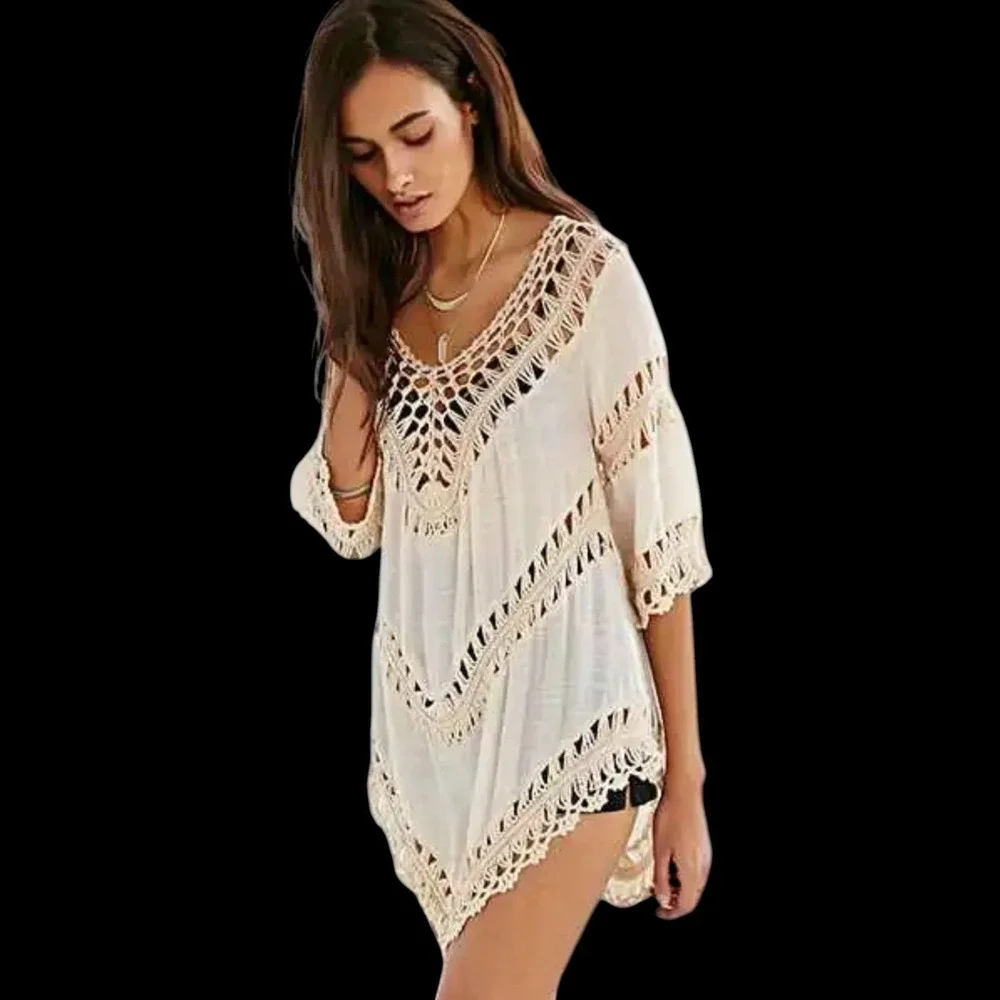 Ivory Crochet‎ Lace Tunic NWT Size S V Neck Boho Beach Cover Up Sharkbite Hem